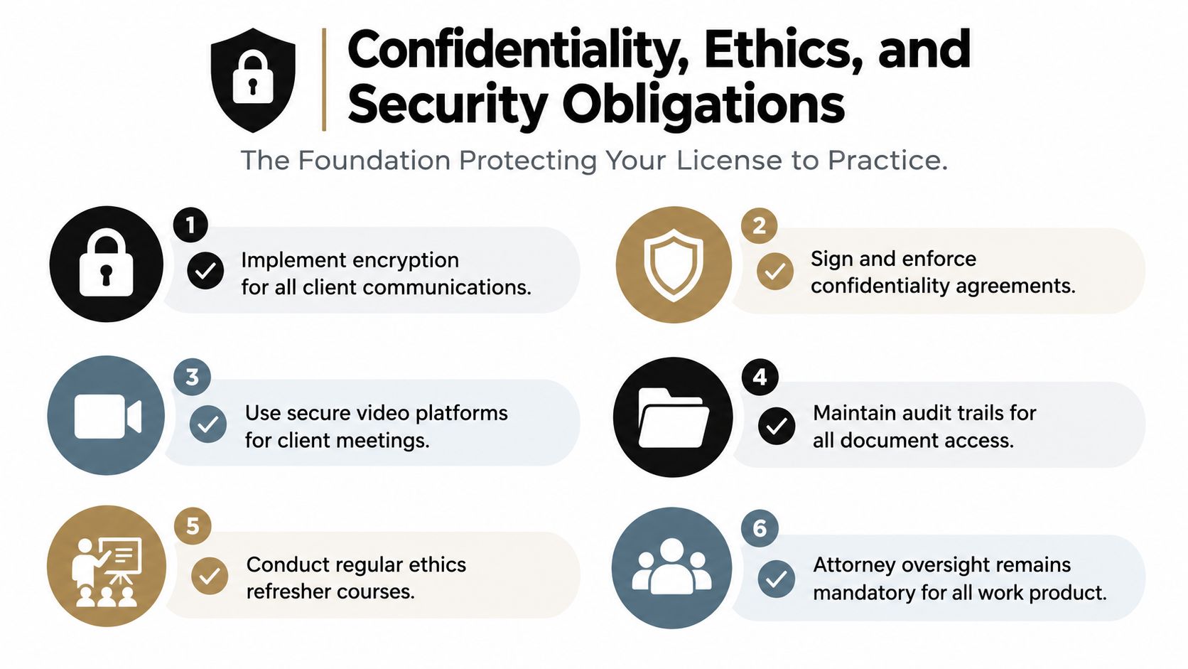 An infographic outlining six essential confidentiality, ethics, and security obligations for protecting a professional legal practice.