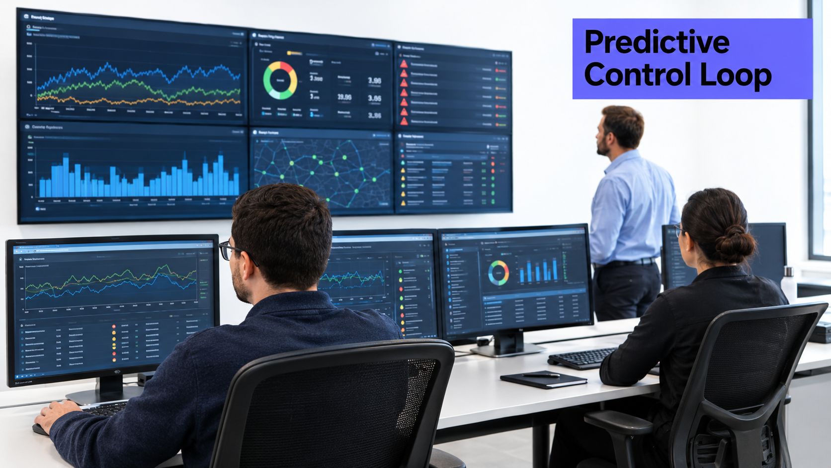 A professional monitoring team works in a modern control center with large screens displaying analytics dashboards.