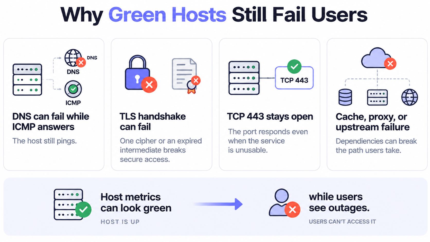 An infographic titled Why Green Hosts Still Fail Users, explaining why servers can appear operational despite outages.