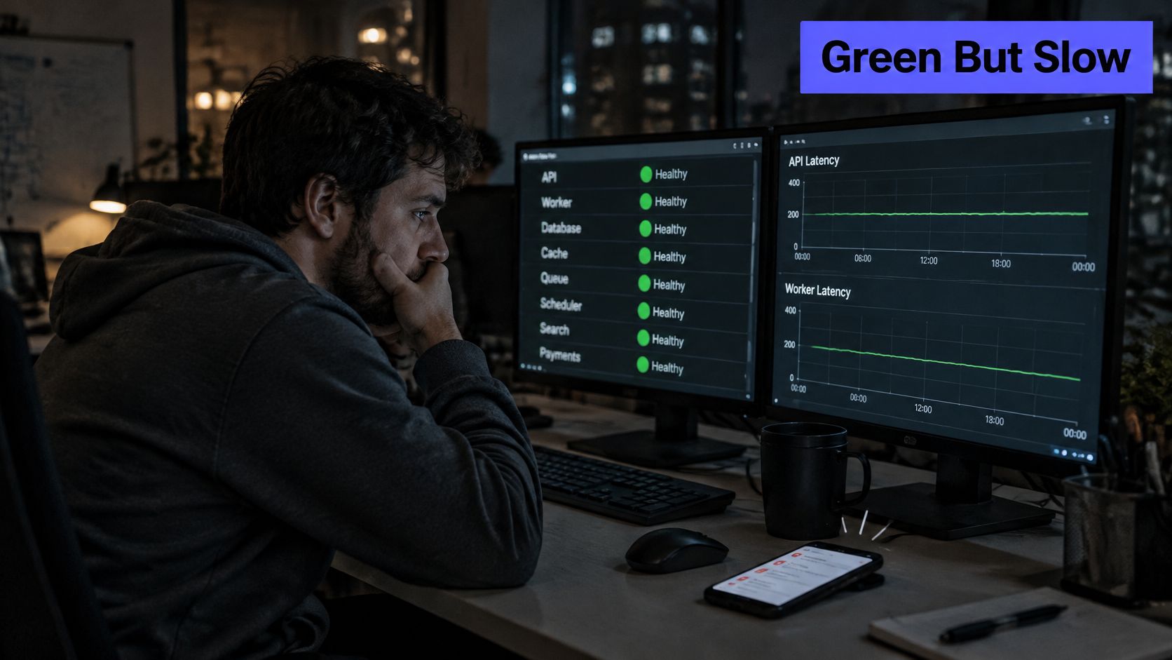 A focused developer reviews server monitoring dashboards showing healthy status and high latency at a workstation.