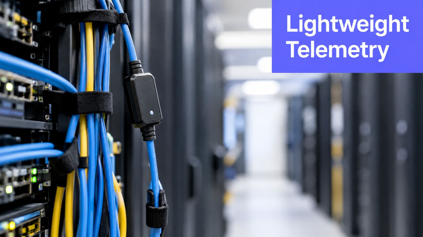 A data center rack featuring blue and yellow cables connected to a black telemetry monitoring device.