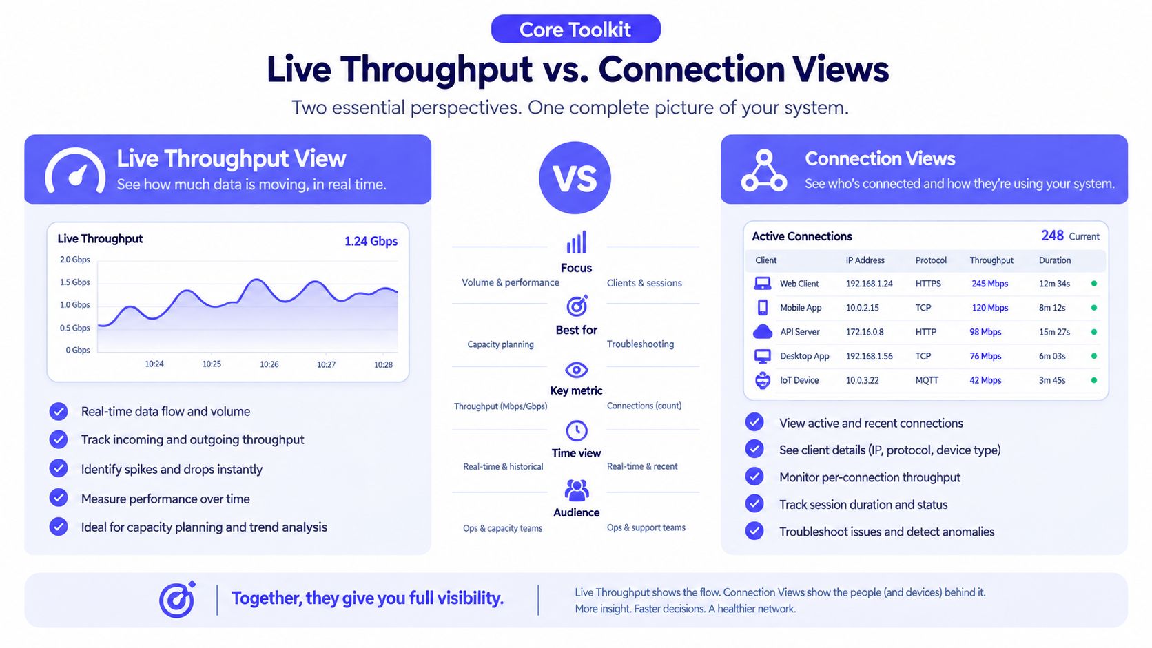 A diagram comparing Live Throughput and Connection Views for monitoring system network performance and active user connections.
