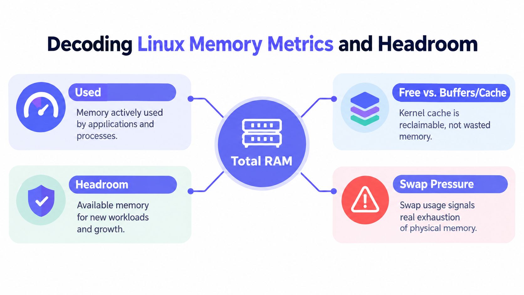 A diagram illustrating Linux memory metrics including total RAM, used memory, headroom, cache, and swap pressure.