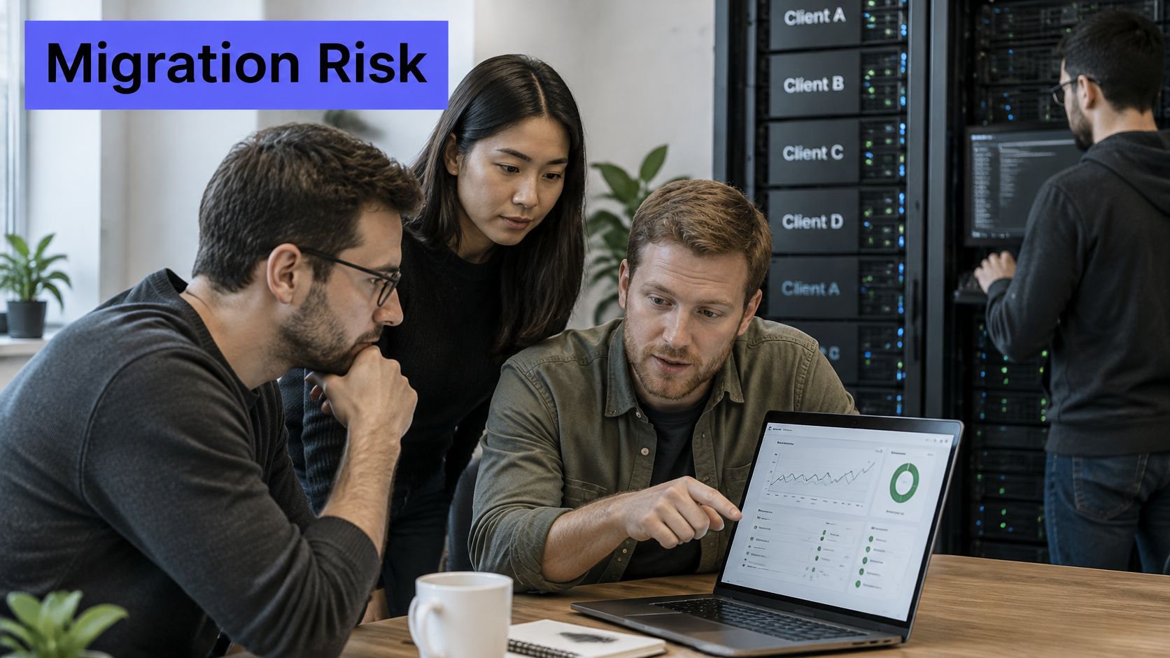 A professional team of IT engineers analyzing server data on a laptop screen in a data center.