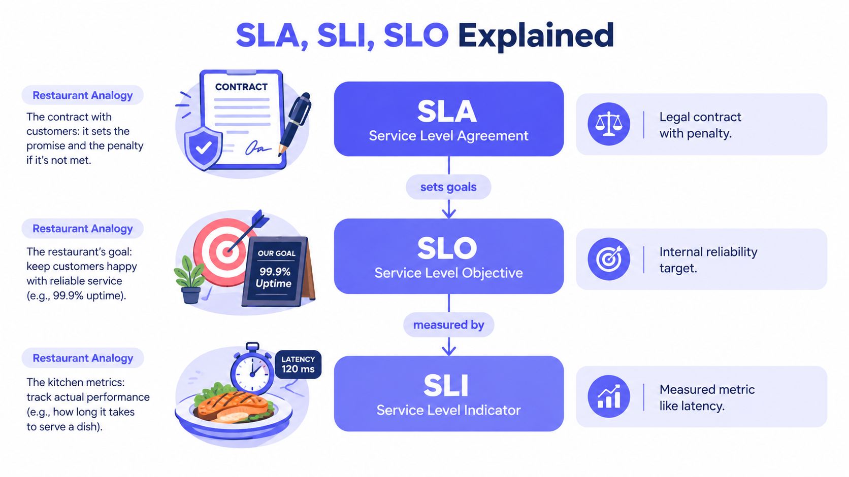 A diagram explaining SLA, SLO, and SLI concepts using a restaurant analogy for service reliability metrics.