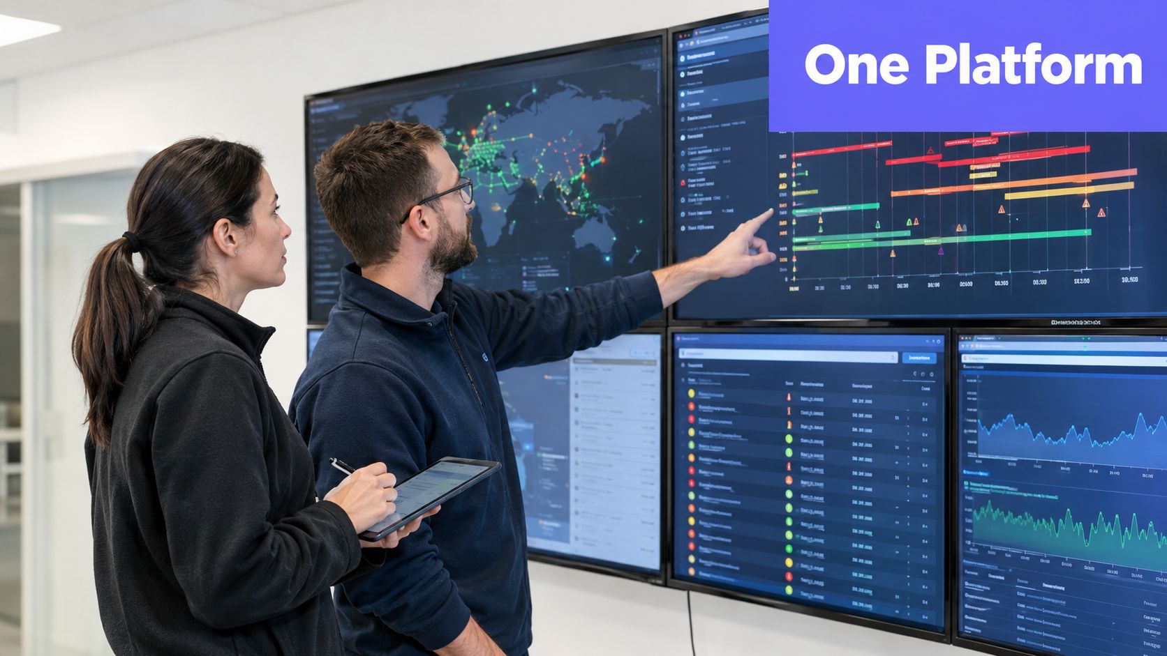 A professional man and woman collaborating while reviewing complex data analytics on a large wall-mounted monitor.