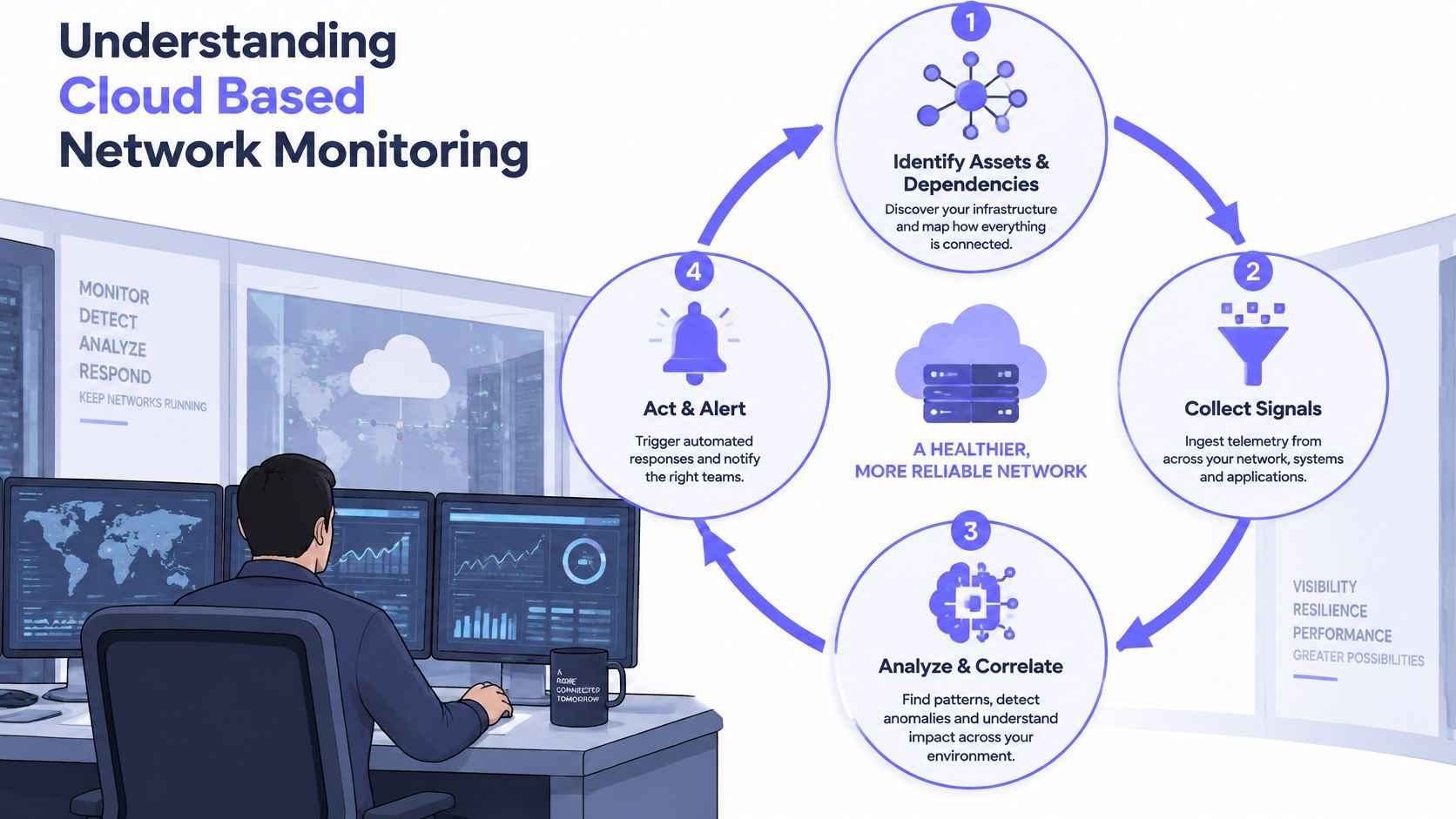 A professional monitoring a cloud based network monitoring process displayed in a circular diagram.