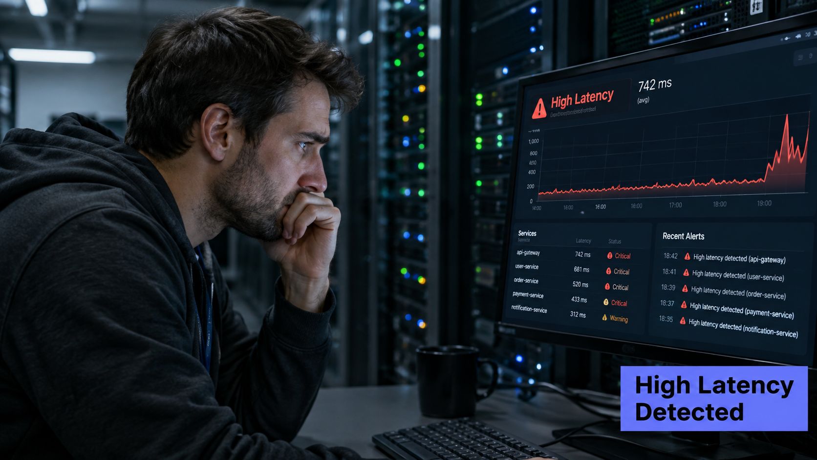 A concerned IT professional analyzing high latency issues on a server room computer monitor dashboard.