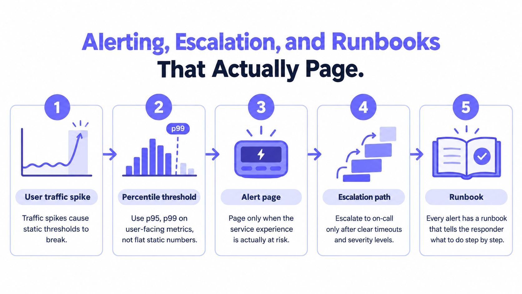 A five-step infographic explaining an effective incident alerting, escalation, and runbook strategy for engineering teams.