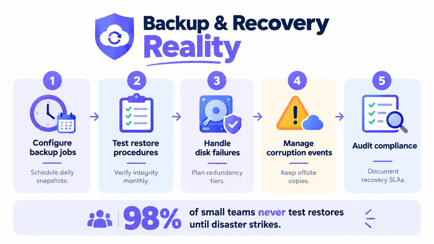 An infographic titled Backup and Recovery Reality showing five steps for data protection and management processes.