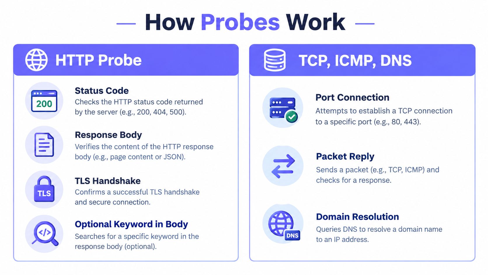 An infographic showing how probes work for HTTP, TCP, ICMP, and DNS server monitoring systems.