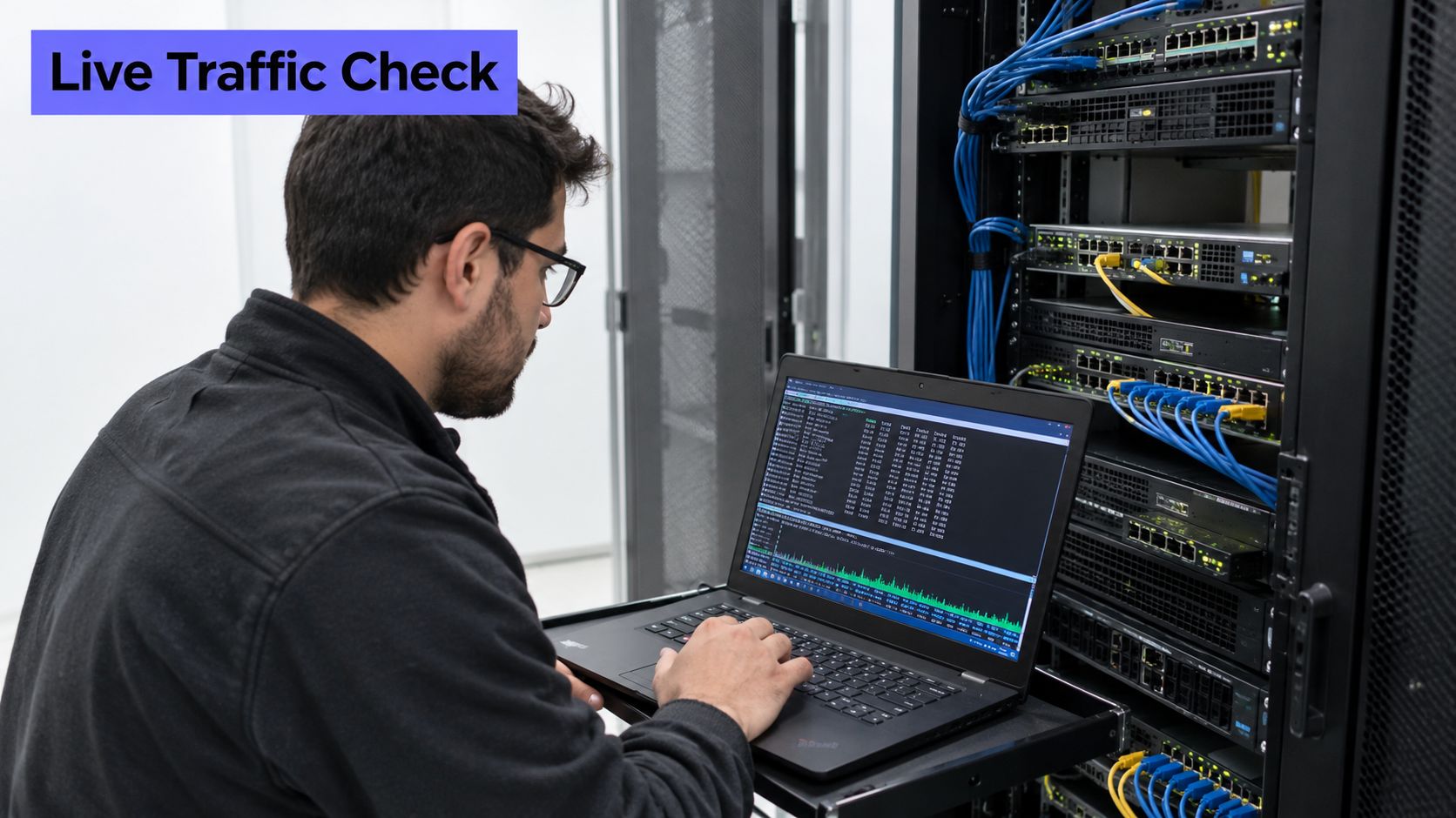 A systems administrator monitors live network traffic data on a laptop screen within a server room environment.