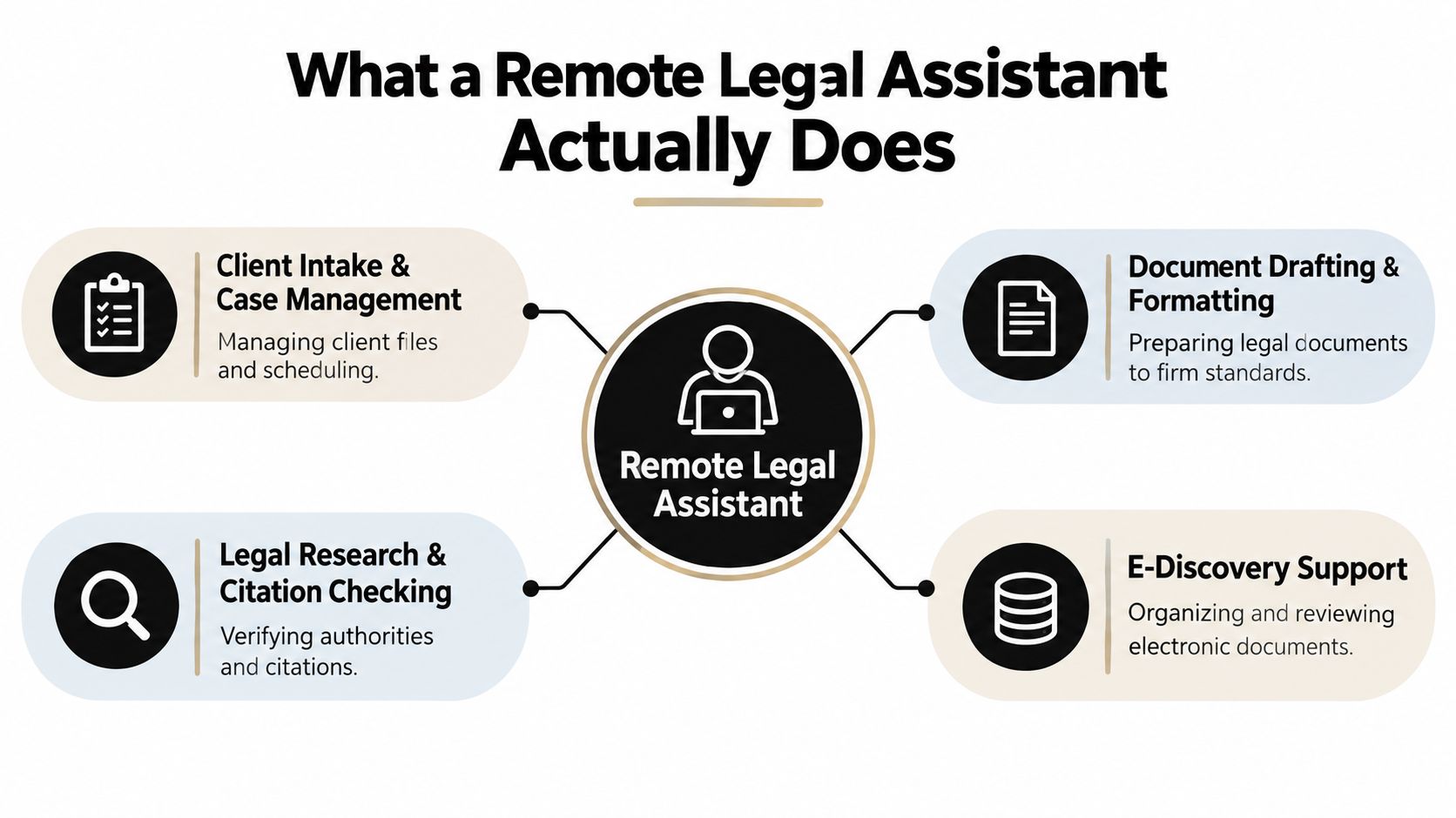 A diagram illustrating the key responsibilities of a remote legal assistant in a law firm.