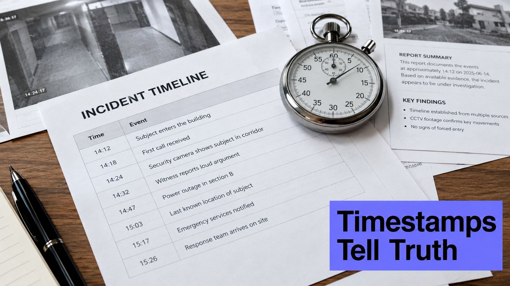 An incident timeline report with a stopwatch and pen on a wooden desk for investigation analysis.