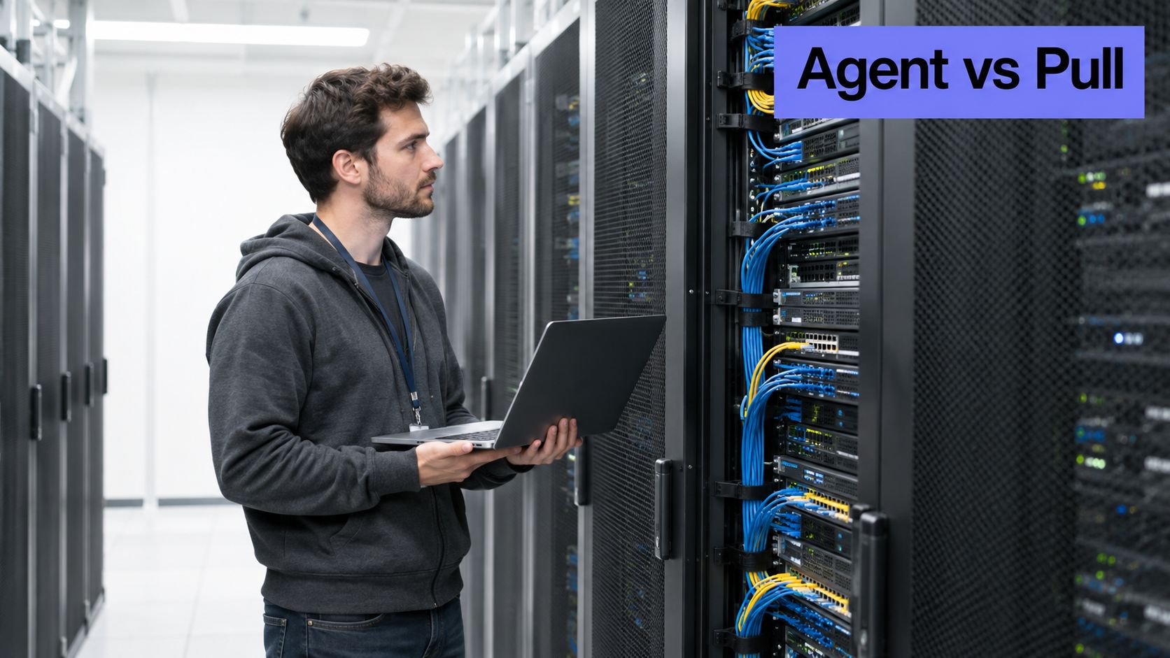A technician with a laptop performs server network monitoring in a modern, well-lit data center facility.
