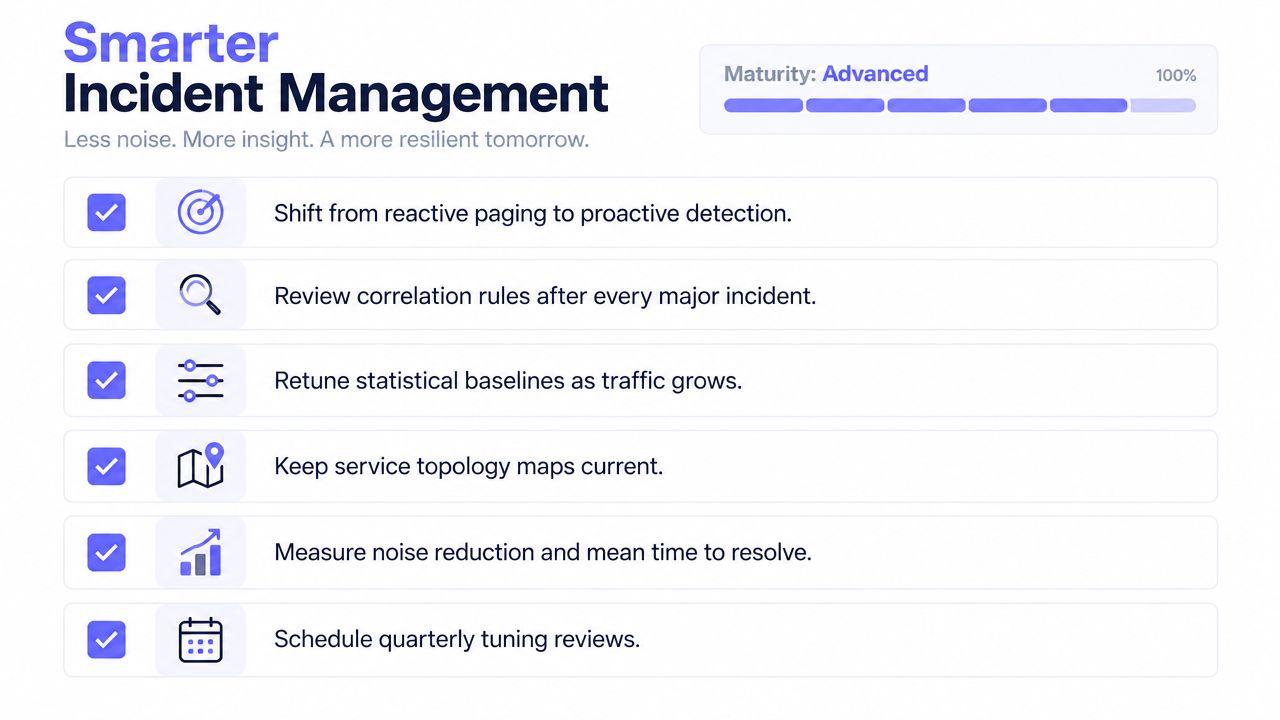 A checklist illustrating advanced incident management practices including proactive detection, correlation rule reviews, and performance metrics.