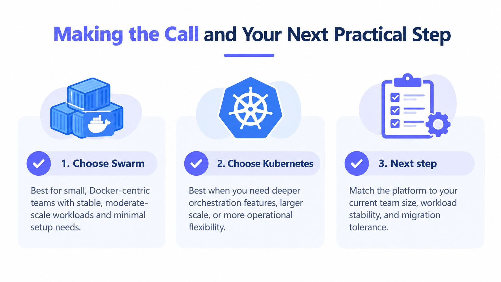 A guide on how to choose between Docker Swarm and Kubernetes for container orchestration and workload management.