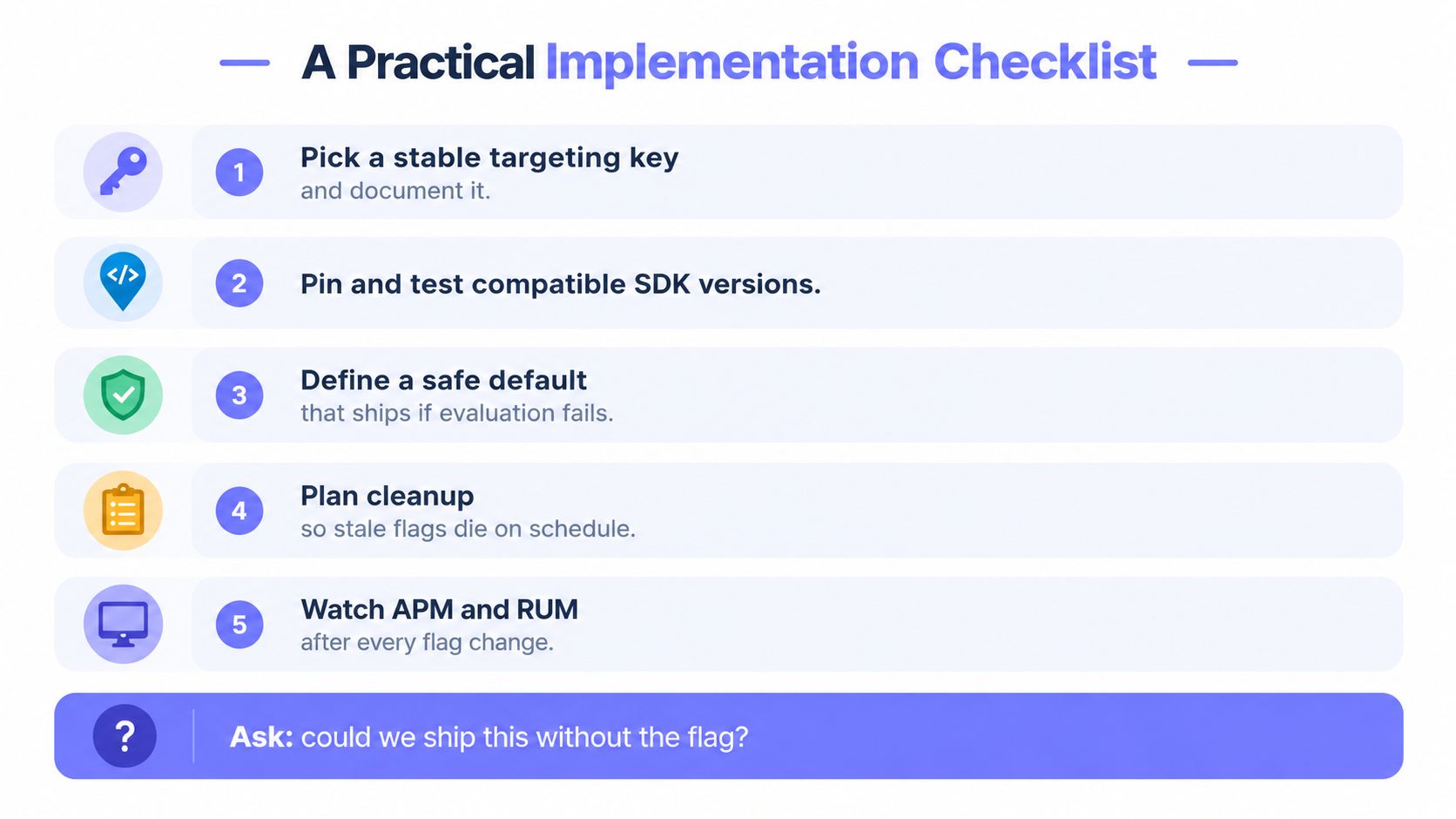 A practical implementation checklist infographic with five numbered steps and a final question for feature flagging.