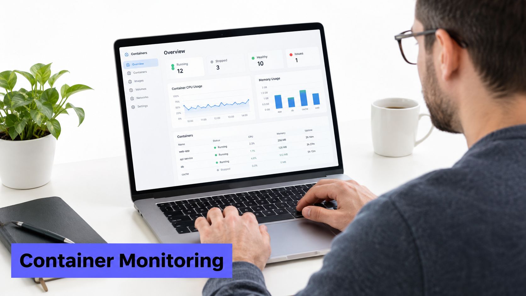 A professional developer analyzing container performance metrics on a laptop screen while working in an office.
