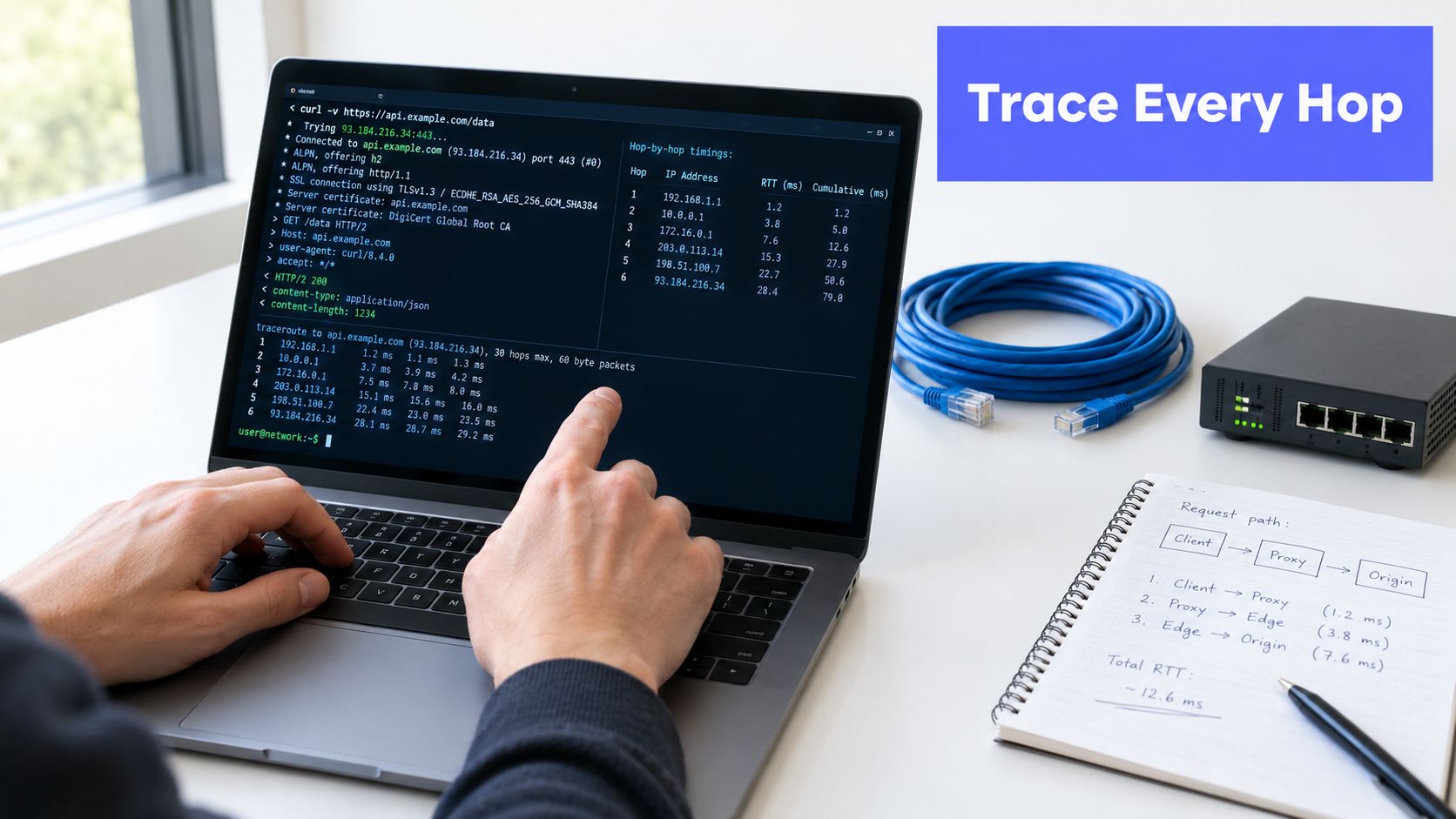 A person using a laptop to troubleshoot network connectivity and trace routing hops for server communication.