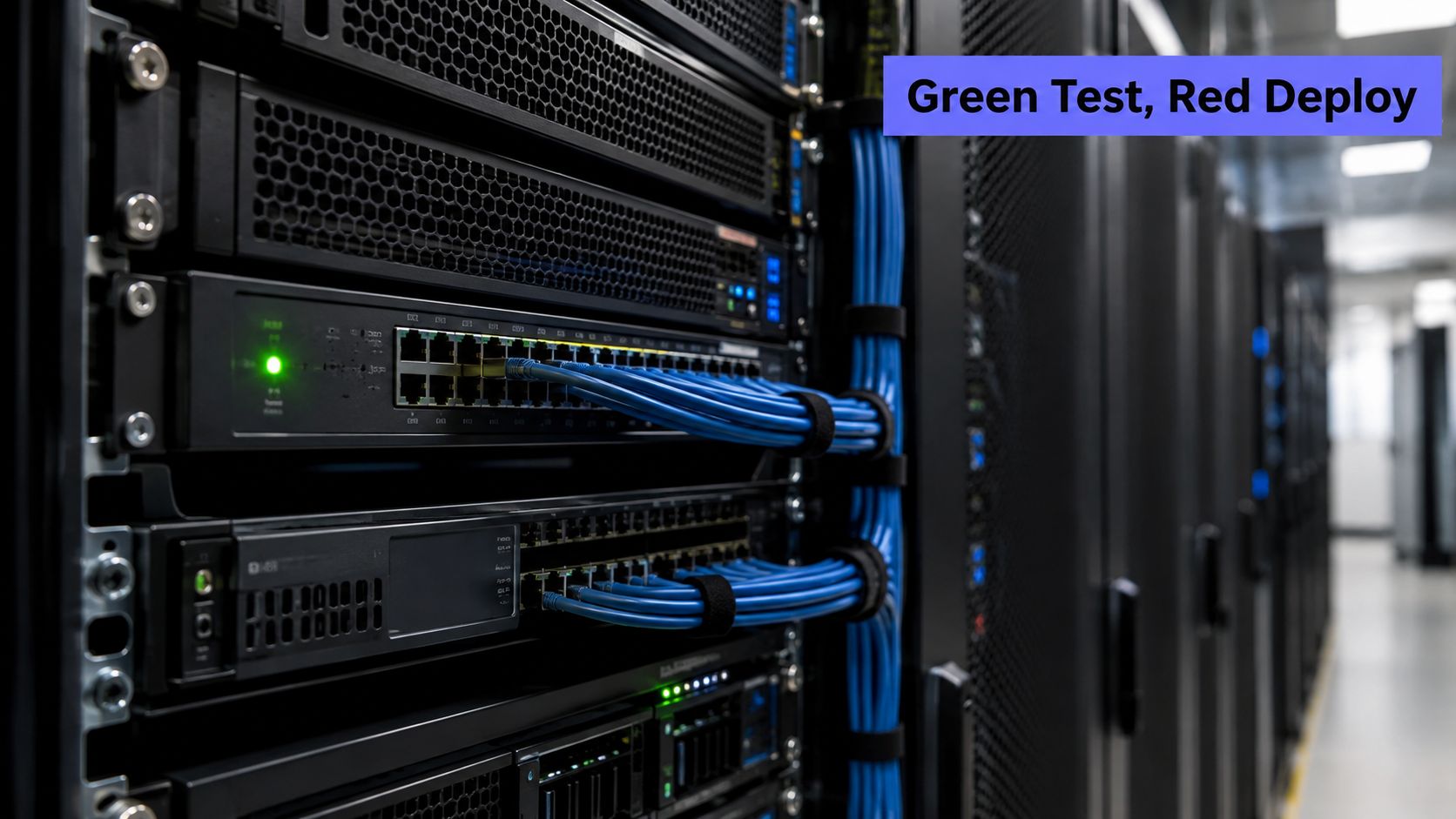 A close-up view of server rack networking equipment with blue ethernet cables connected to network switches.