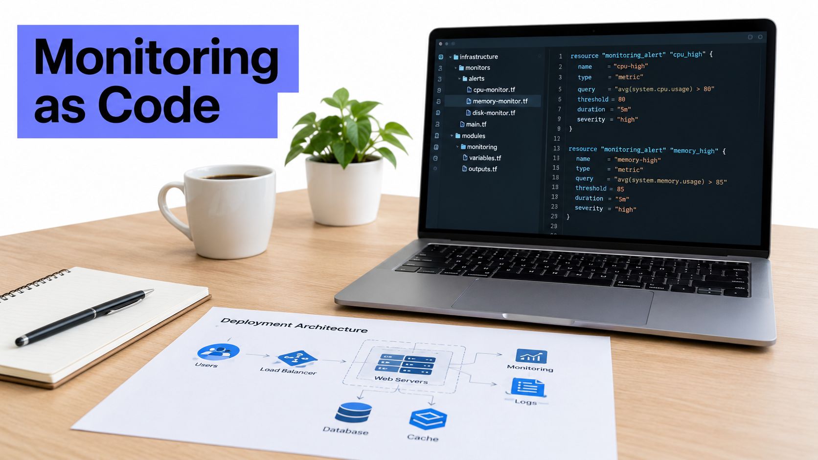 A modern workspace showing a laptop with Monitoring as Code configuration and a deployment architecture diagram document.