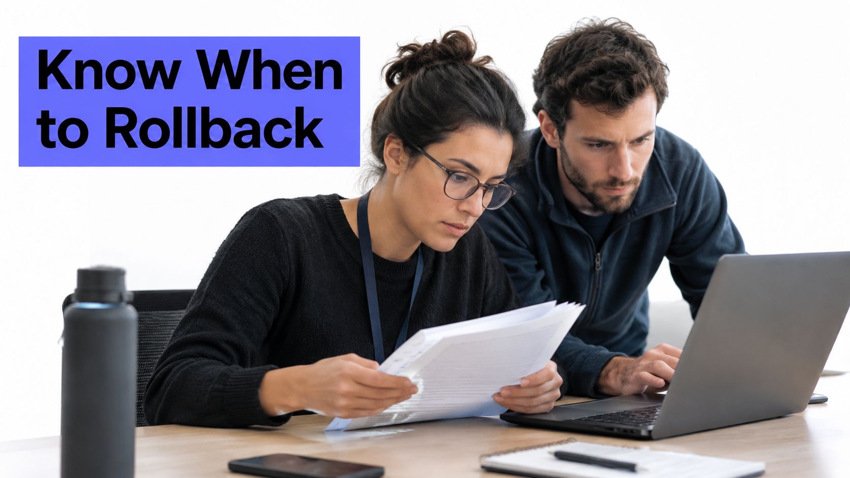 A woman and a man working together on a laptop and documents to troubleshoot technical issues.