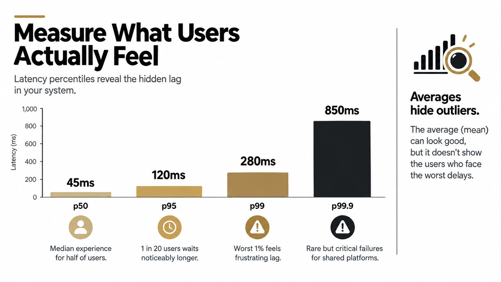Bar chart showing latency percentiles p50, p95, p99, and p99.9 to illustrate how averages hide user delays.