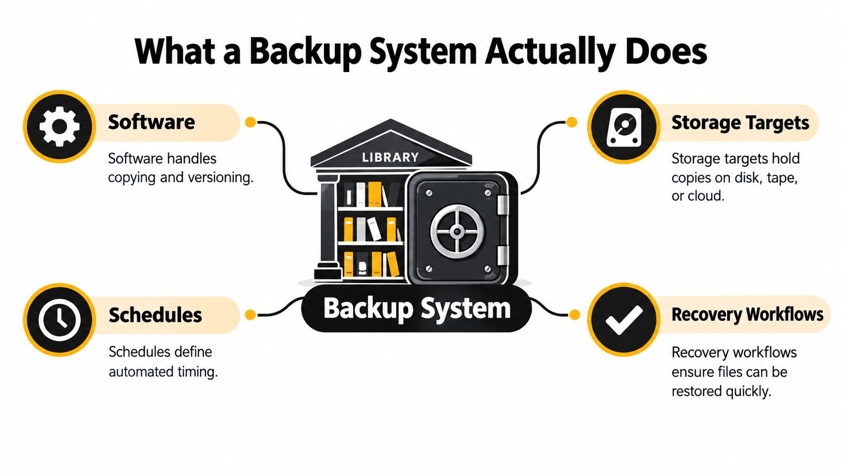 A diagram explaining the four key components of a backup system: software, schedules, storage targets, and recovery workflows.
