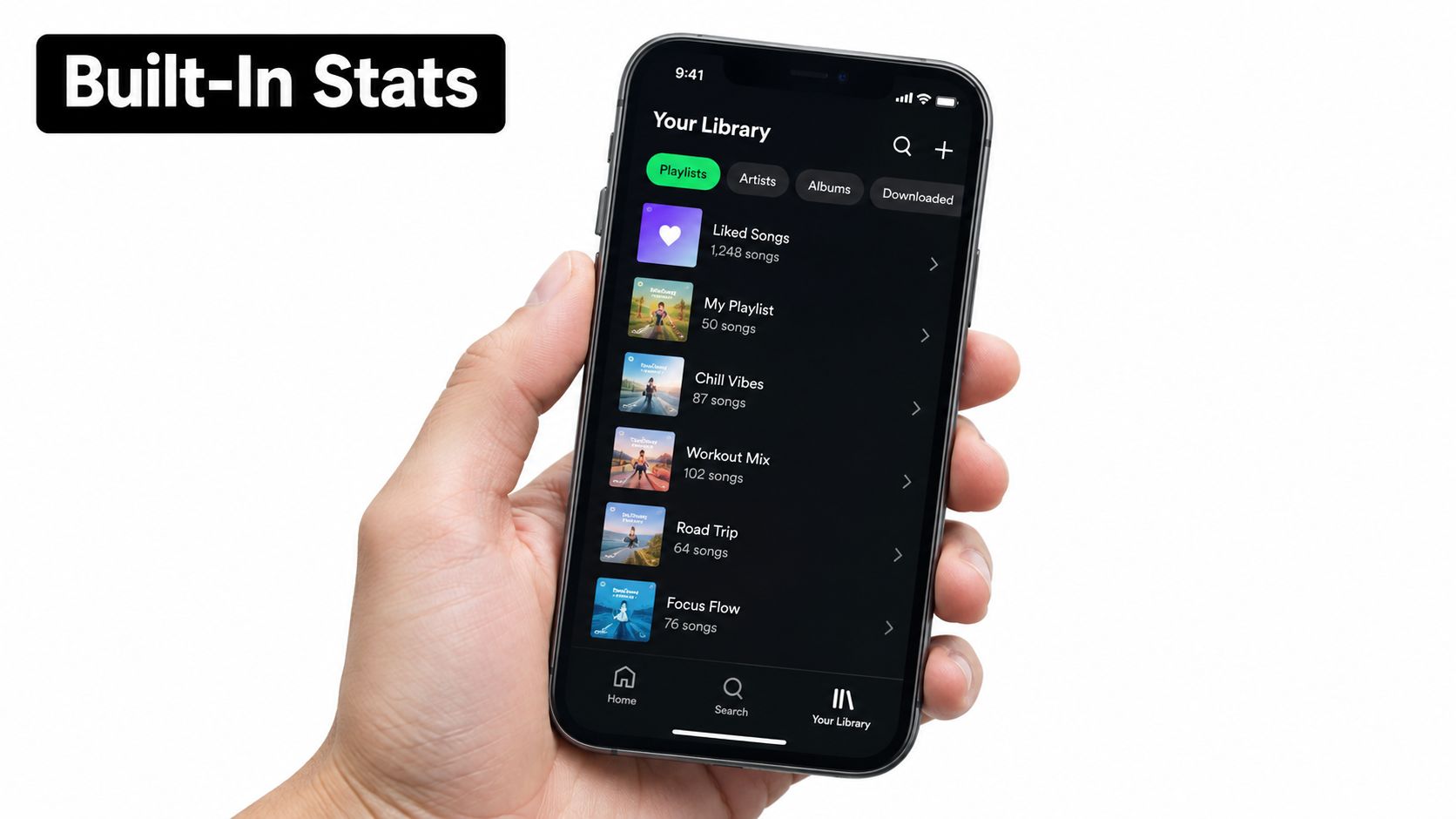A hand holding a smartphone displaying the Spotify app library screen showing various user music playlists.