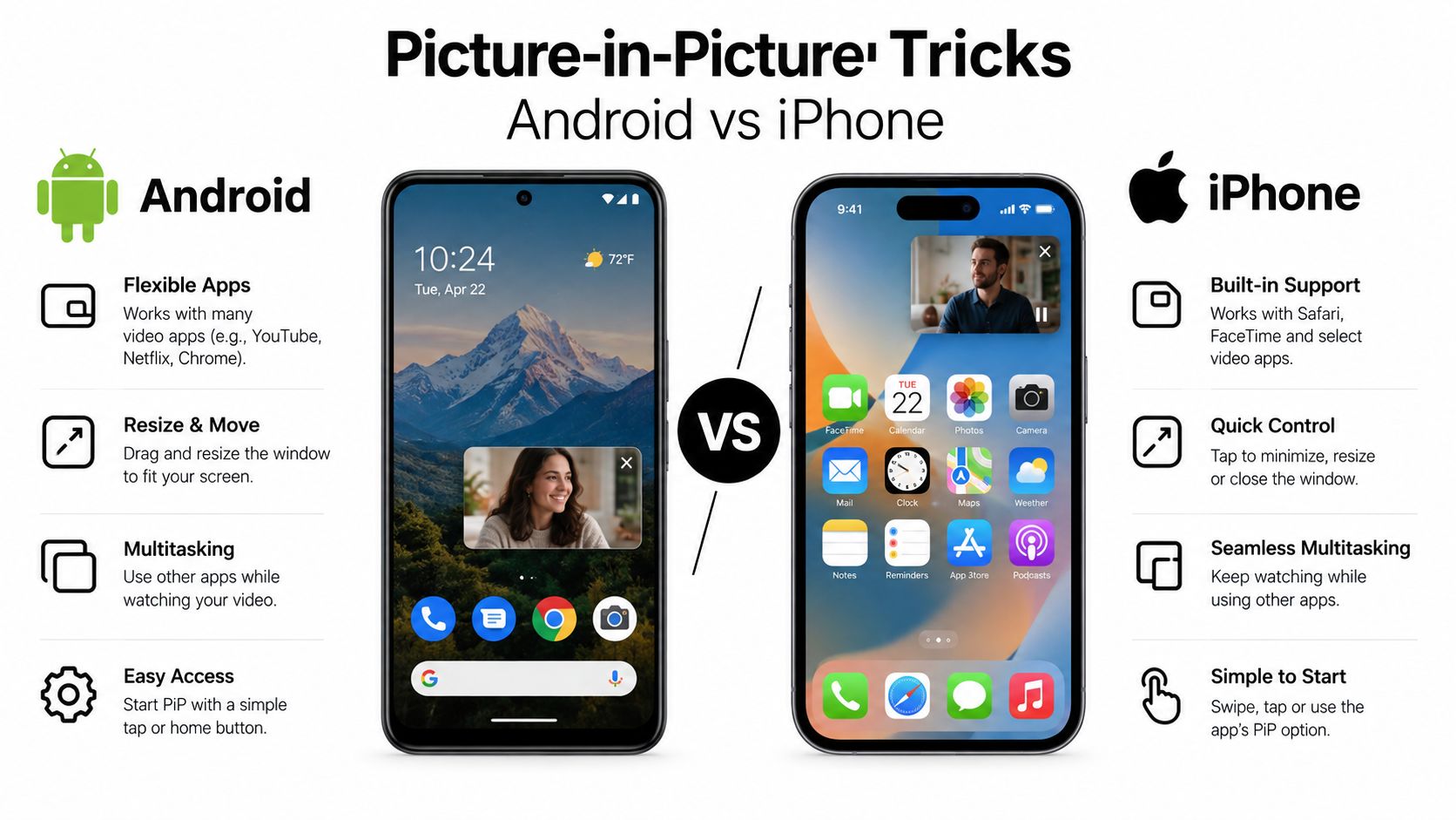 A comparison graphic showing picture-in-picture functionality features on both Android and iPhone mobile operating systems.