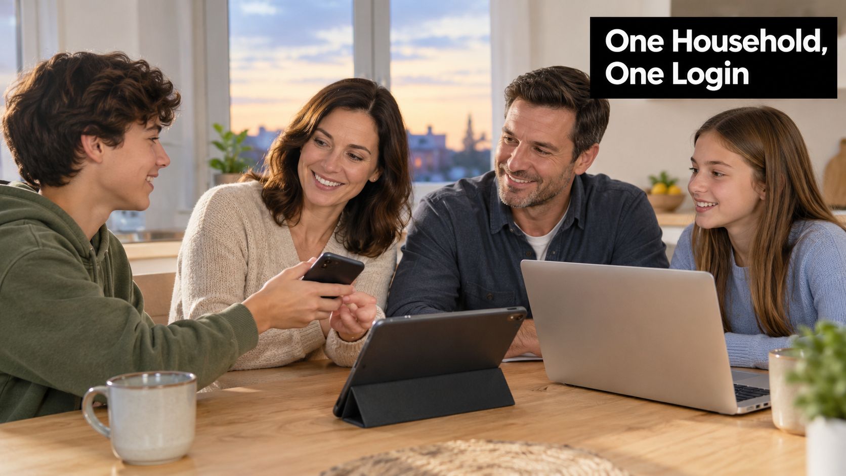 A happy family of four sitting together at a wooden dining table using digital devices indoors.