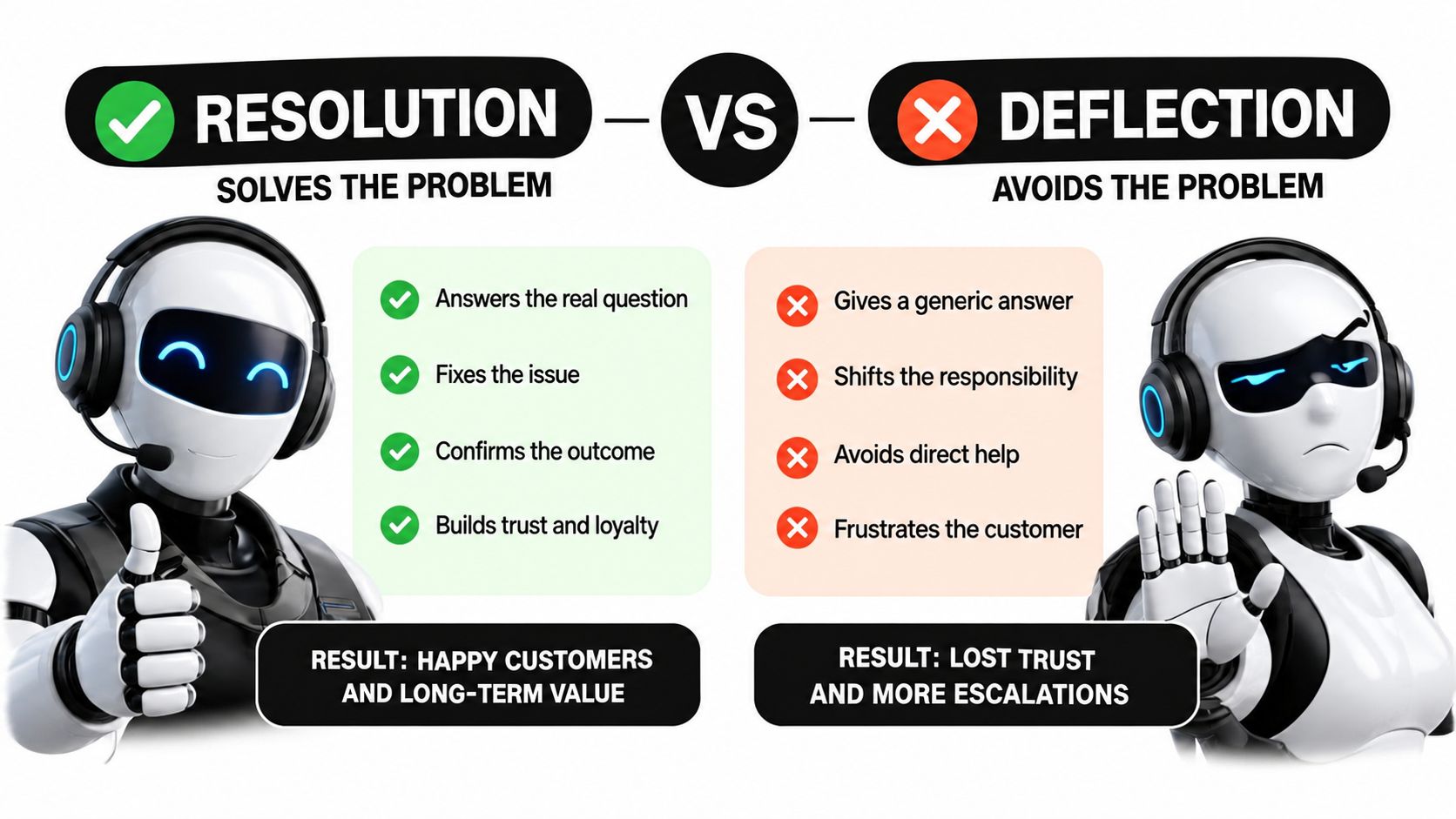 A comparative infographic showing the difference between effective customer service resolution versus poor customer service deflection.