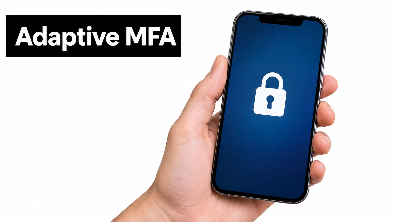 A person holding a smartphone showing a white padlock icon on a blue background, representing Adaptive MFA.