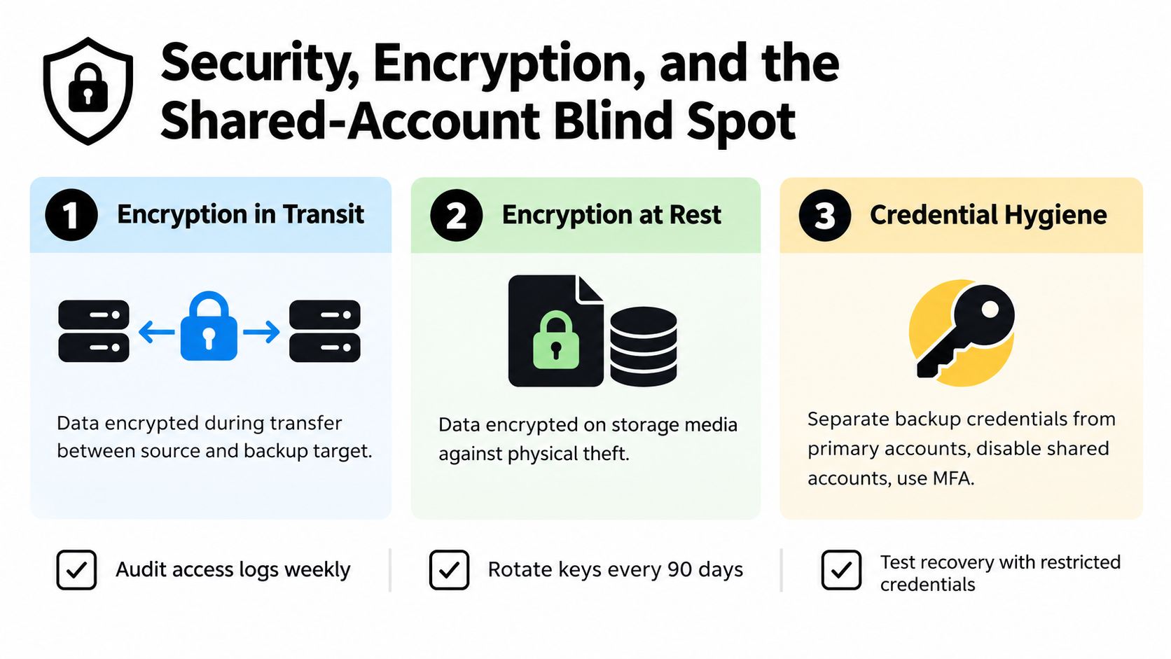 A diagram outlining security best practices including encryption in transit, encryption at rest, and credential hygiene for backups.
