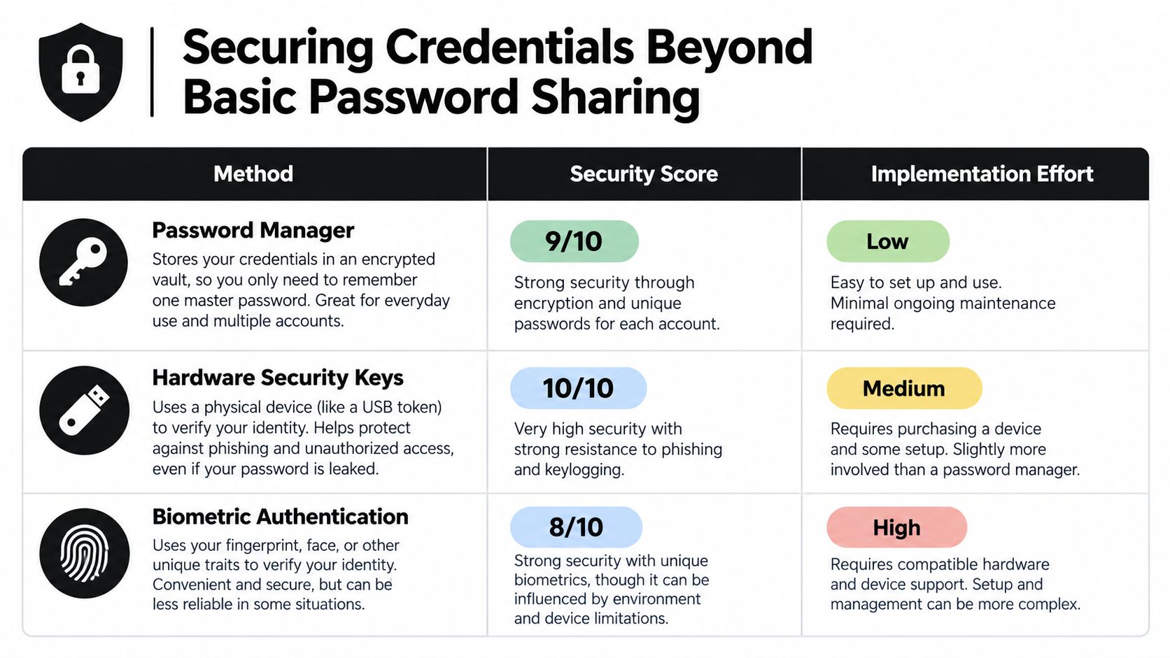 A comparison table outlining different security methods like password managers, hardware keys, and biometric authentication for credential protection.