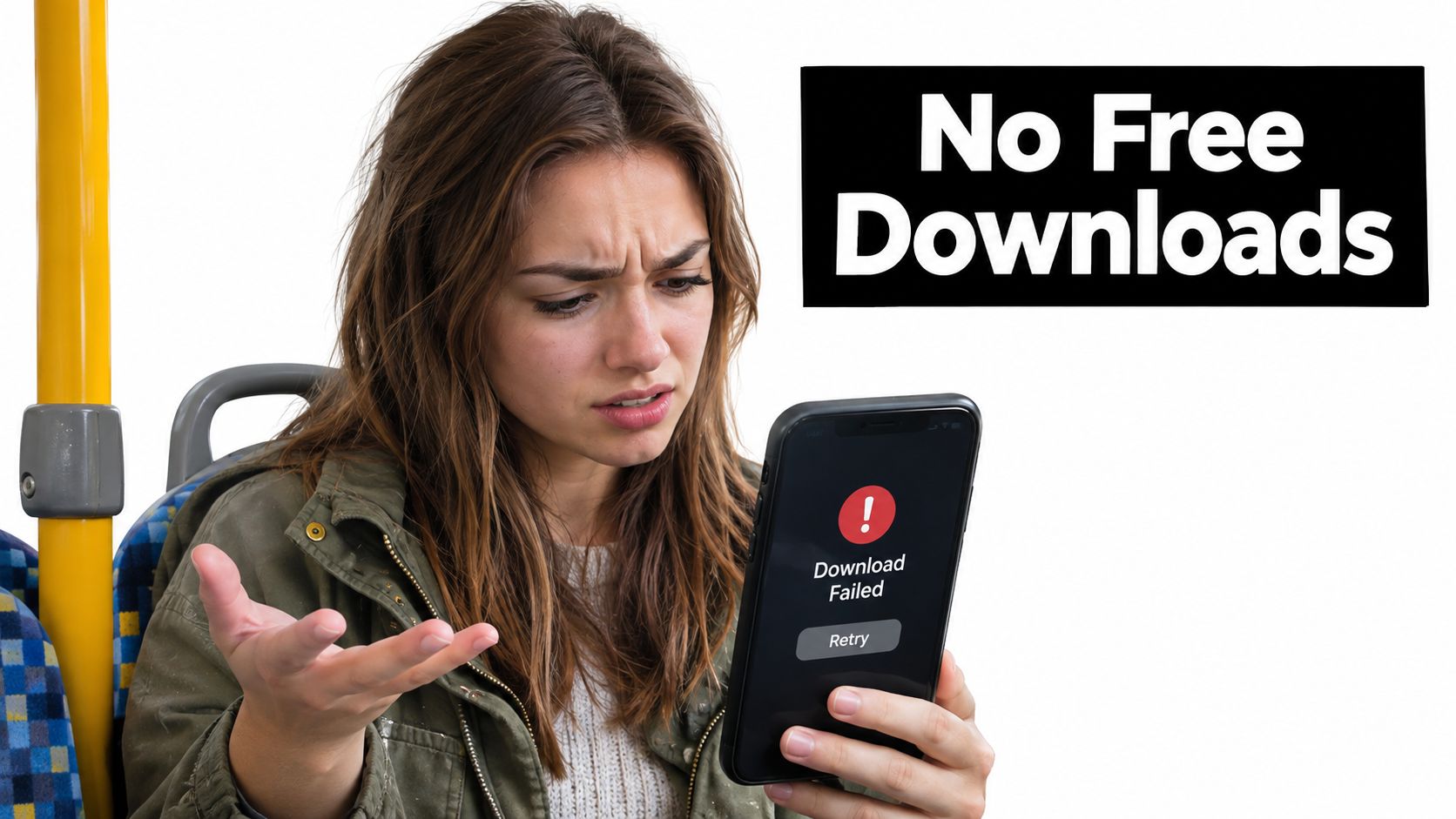 A frustrated young woman looking at a download failed error message on her smartphone while on transit.