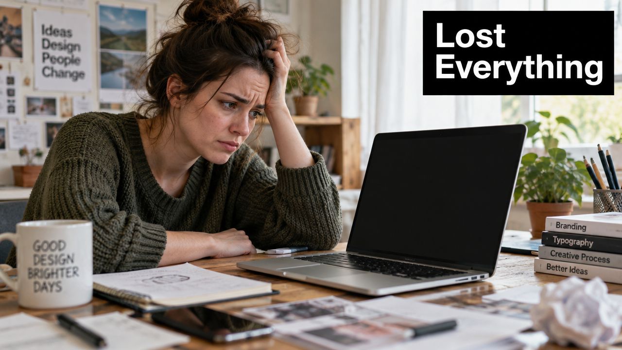 A distressed designer looking at her laptop screen in a cluttered office with a hopeless expression.