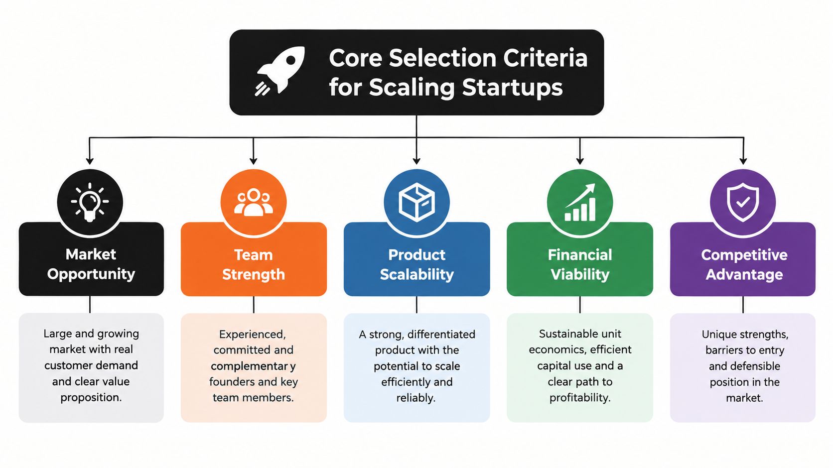 A diagram outlining the five core selection criteria for scaling startups: market, team, product, finance, and competition.