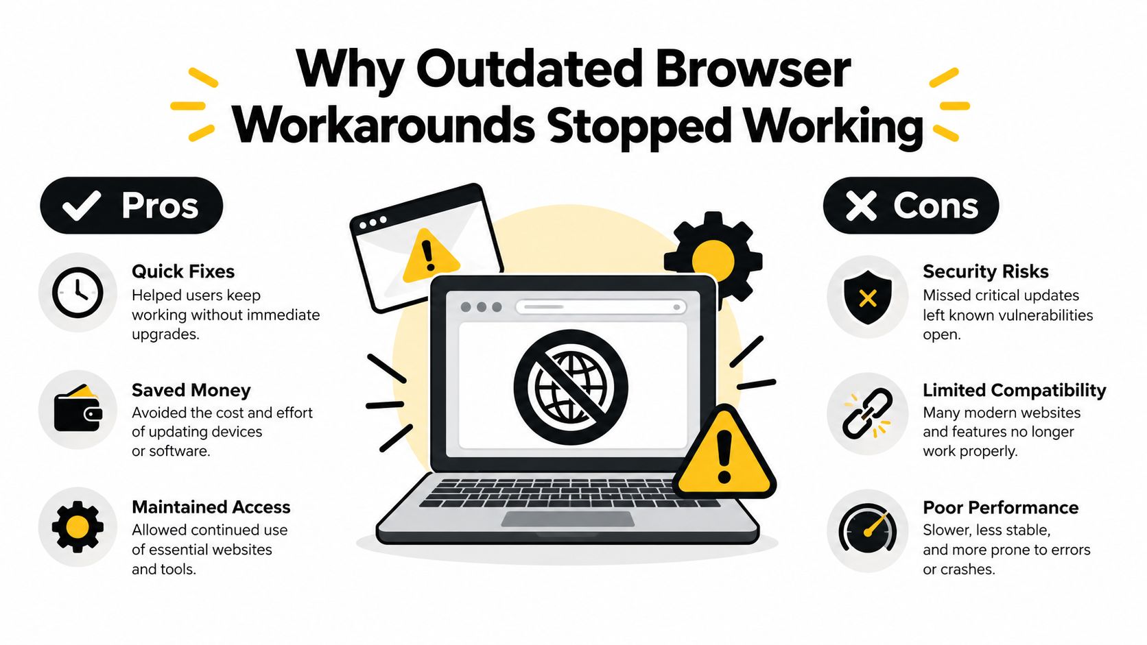 An infographic illustrating the pros and cons of using workarounds for outdated web browsers on a laptop.