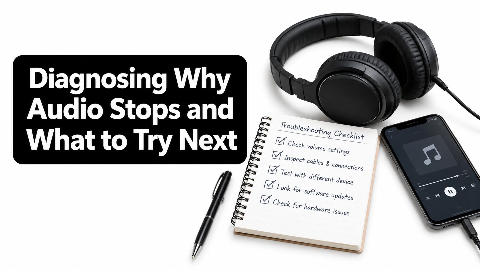 A troubleshooting checklist and headphones on a table next to a smartphone playing music on a screen.