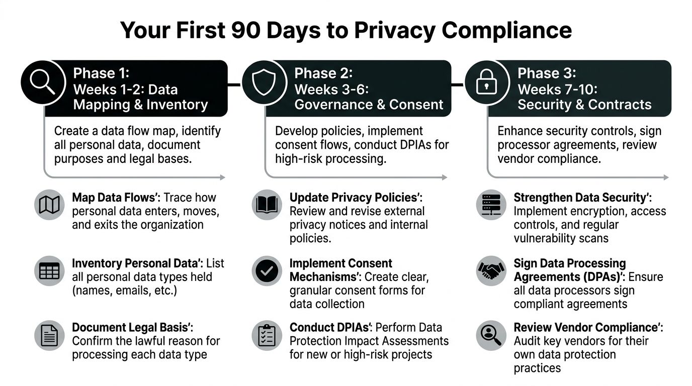 A 90-day privacy compliance roadmap outlining steps for data mapping, governance, and security implementation.