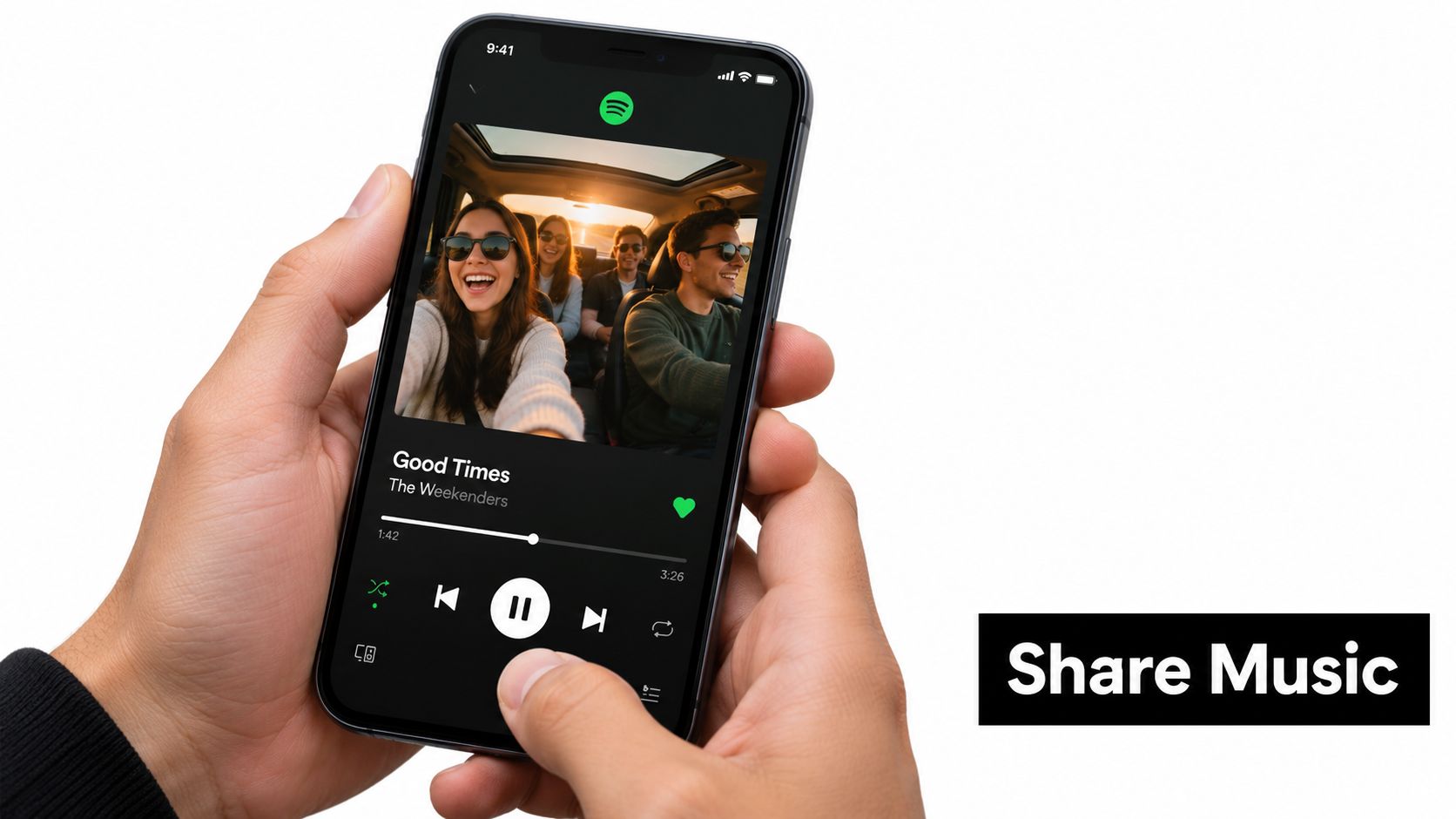 A person holding a smartphone displaying the Spotify app showing friends enjoying music in a car.