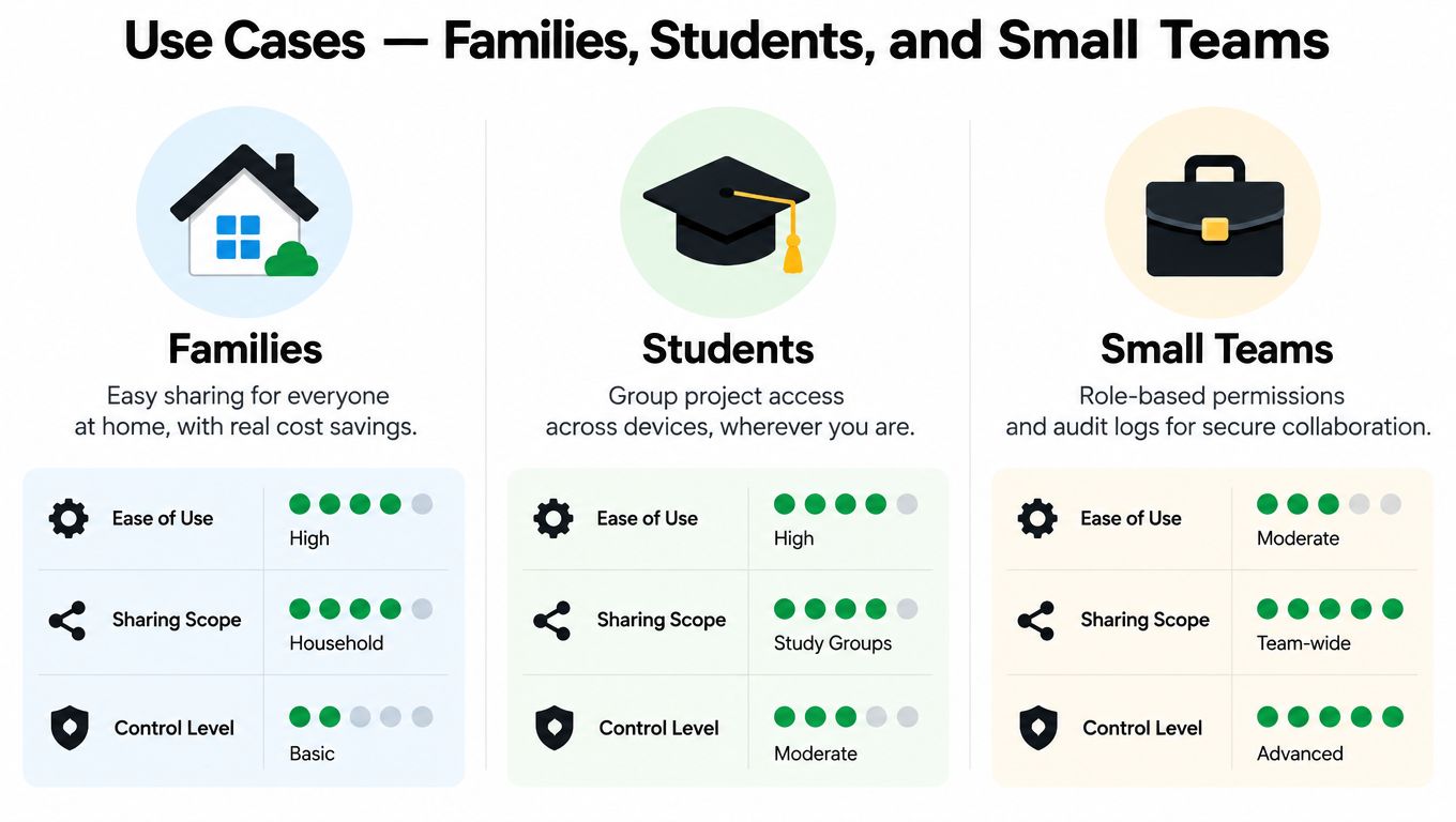 A comparison chart showing how families, students, and small teams use collaborative software with different control levels.