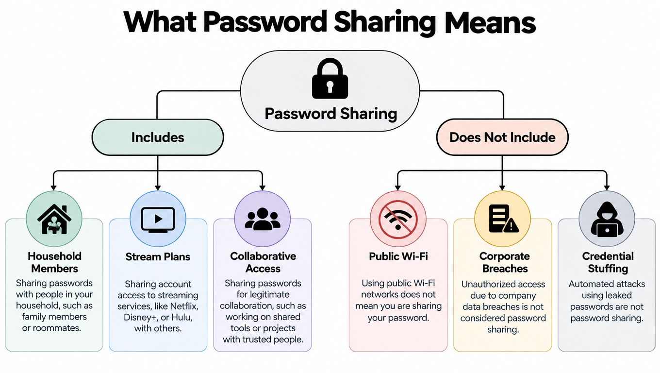 An infographic titled What Password Sharing Means, categorizing password sharing behaviors into what it includes and what it excludes.