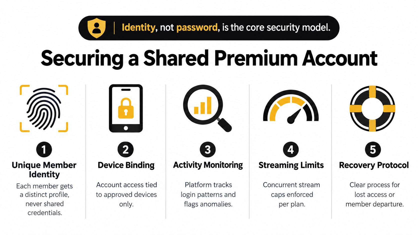 A diagram outlining five key security measures for managing a shared premium streaming account safely.