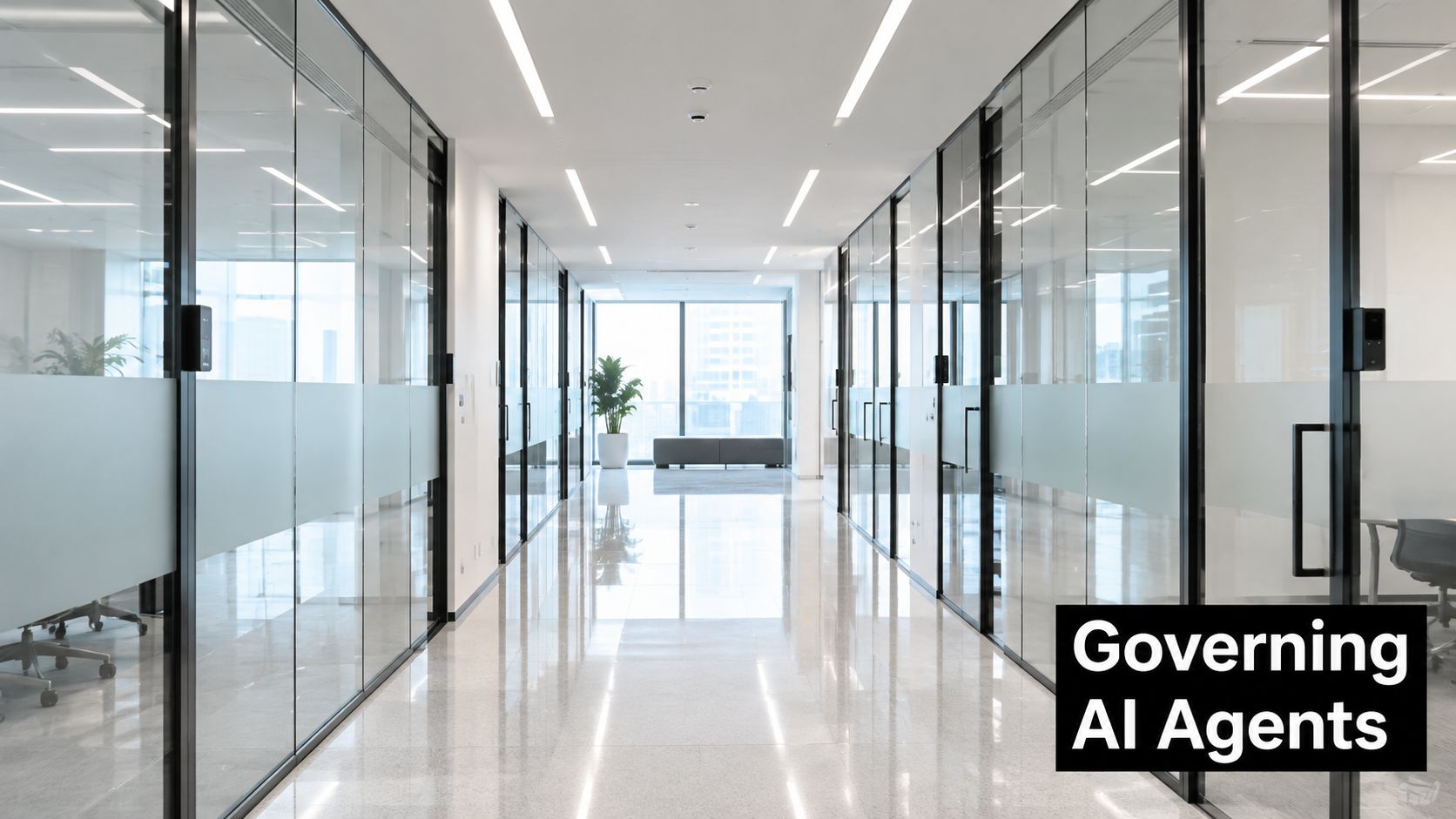A modern, bright office corridor with glass wall partitions and polished floors leading to a window view.