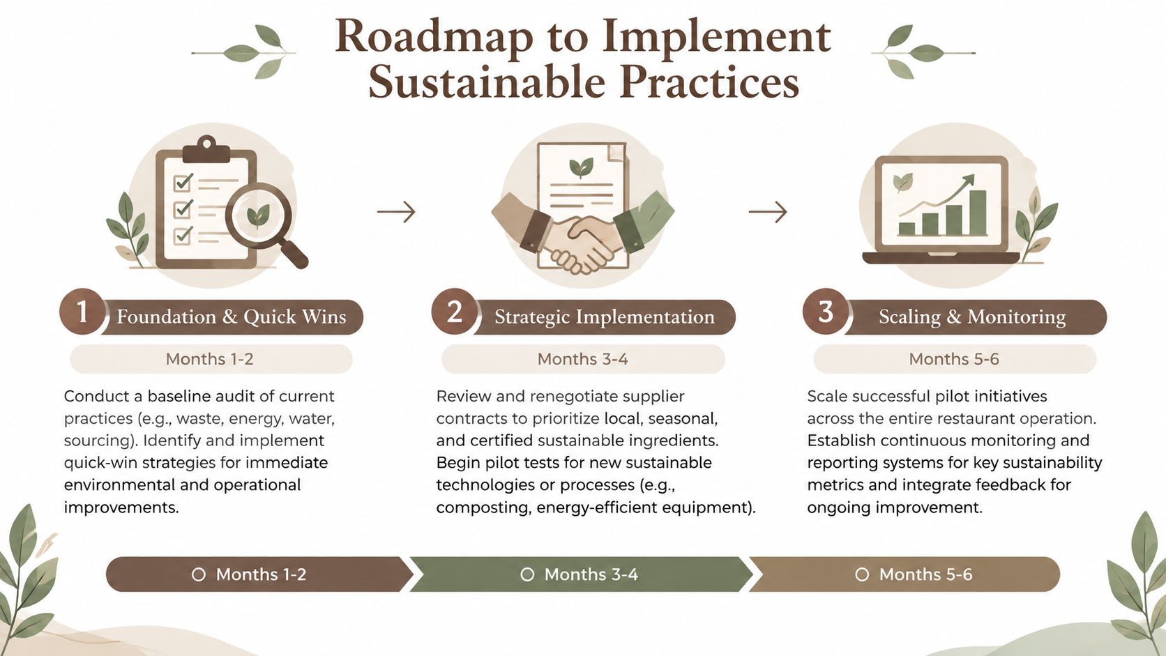 A three-step roadmap infographic for implementing sustainable practices in restaurants, including auditing, strategic implementation, and scaling.