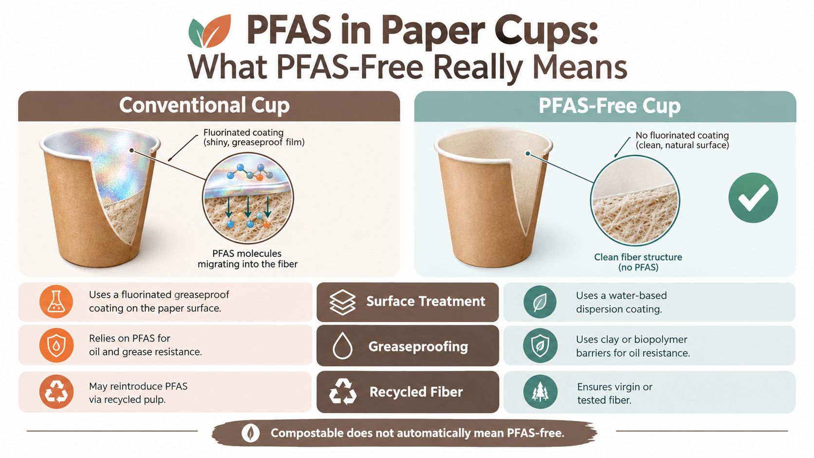 An infographic comparing conventional paper cups containing PFAS coatings to PFAS-free cups using safe materials.