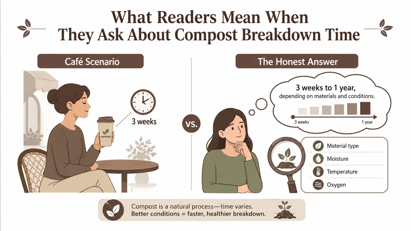 An infographic illustrating that compost breakdown time varies from three weeks to one year based on conditions.